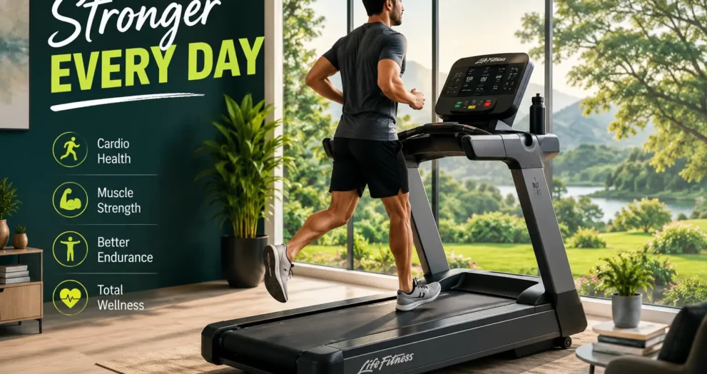 Life Fitness Treadmill Guide to Better Full-Body Wellness with a professional indoor treadmill workout setup and active lifestyle scene.
