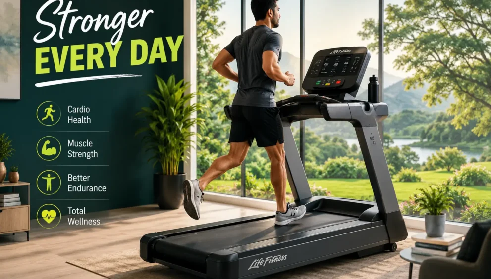 Life Fitness Treadmill Guide to Better Full-Body Wellness with a professional indoor treadmill workout setup and active lifestyle scene.