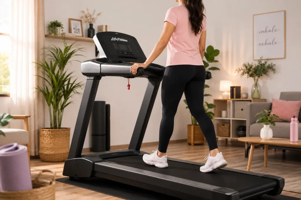 Life Fitness Treadmill for Women With Home-Based Routines in a modern home fitness space supporting daily wellness and active living