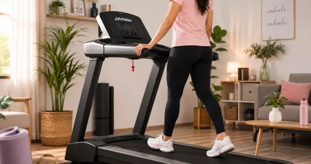 Life Fitness Treadmill for Women With Home-Based Routines in a modern home fitness space supporting daily wellness and active living