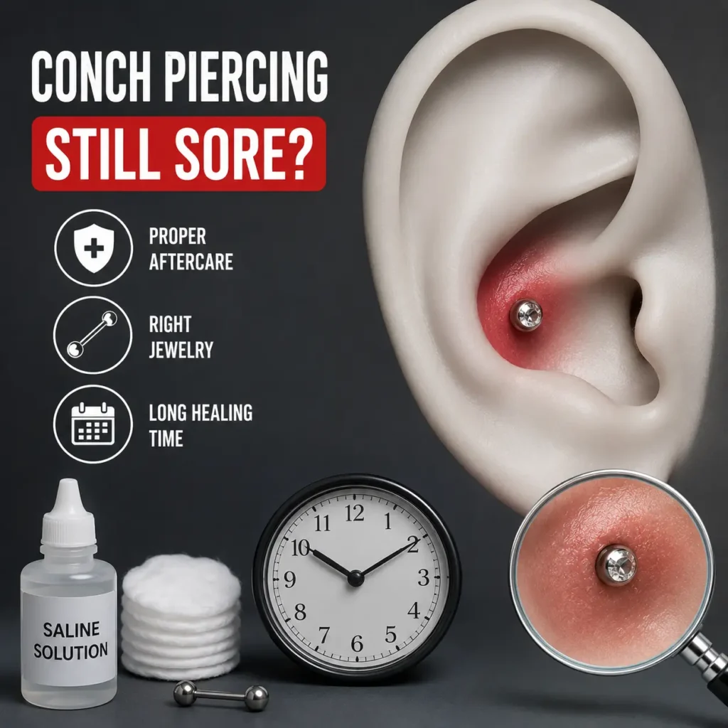 Why Is My Conch Piercing Still Sore After Months? Illustration showing an irritated conch piercing, redness around cartilage, aftercare essentials, and healing indicators.