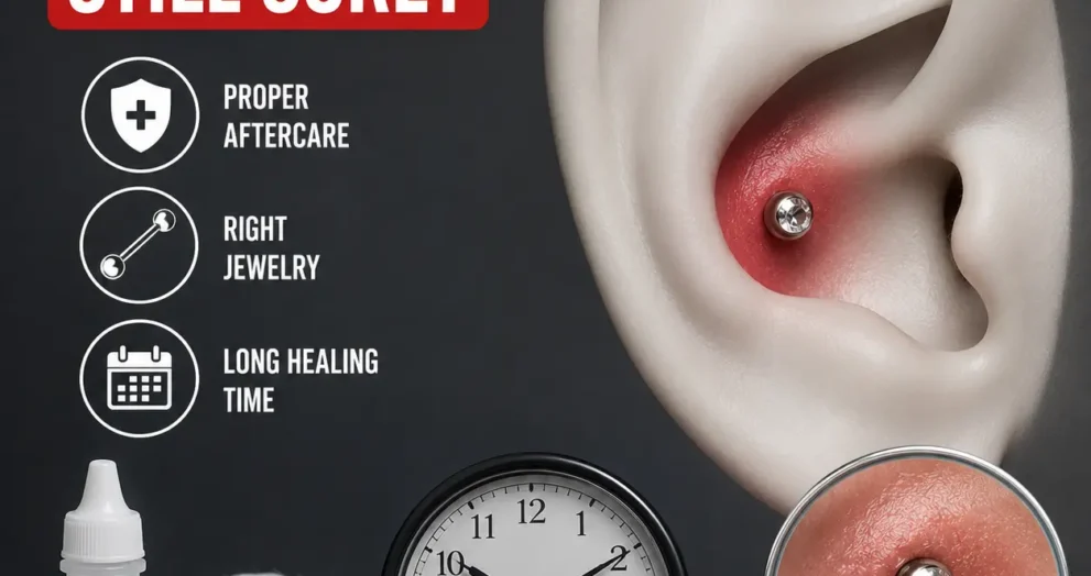 Why Is My Conch Piercing Still Sore After Months? Illustration showing an irritated conch piercing, redness around cartilage, aftercare essentials, and healing indicators.