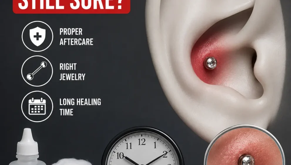 Why Is My Conch Piercing Still Sore After Months? Illustration showing an irritated conch piercing, redness around cartilage, aftercare essentials, and healing indicators.