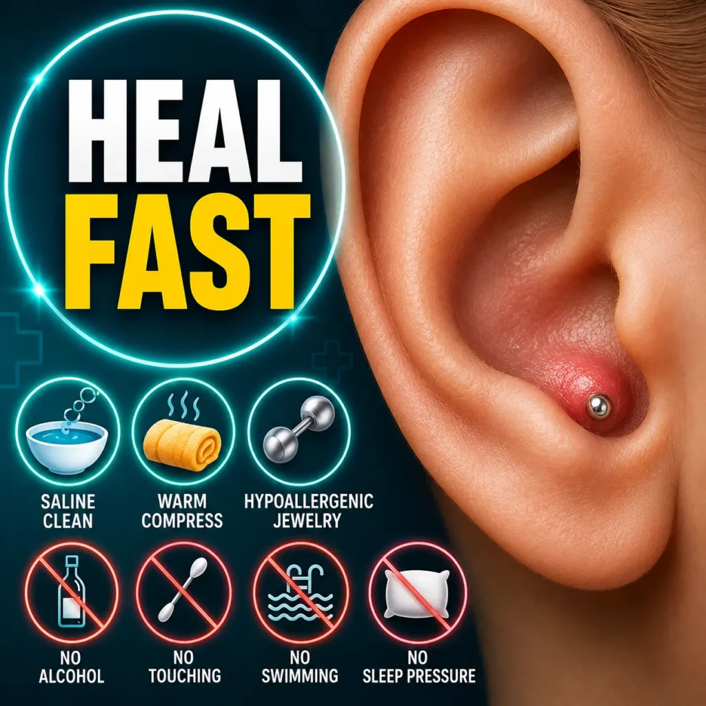 Conch piercing bump on ear cartilage with healing tips, saline cleaning, warm compress, hypoallergenic jewelry, and aftercare guidance for faster recovery and reduced irritation.