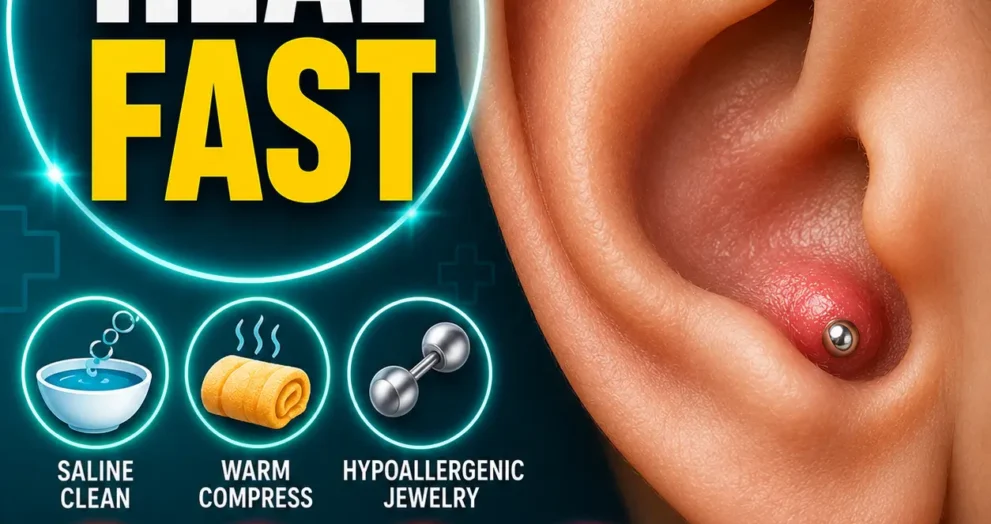Conch piercing bump on ear cartilage with healing tips, saline cleaning, warm compress, hypoallergenic jewelry, and aftercare guidance for faster recovery and reduced irritation.