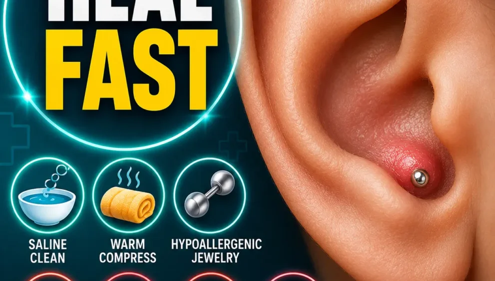 Conch piercing bump on ear cartilage with healing tips, saline cleaning, warm compress, hypoallergenic jewelry, and aftercare guidance for faster recovery and reduced irritation.