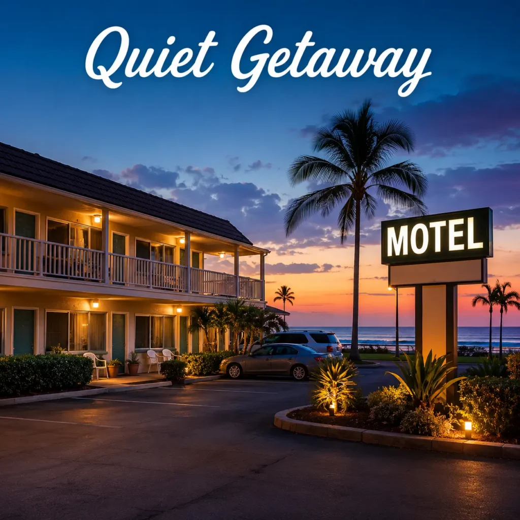 Quiet couple friendly motels Cocoa near the coast featuring peaceful accommodations, ocean views, palm trees, and relaxing coastal nights.