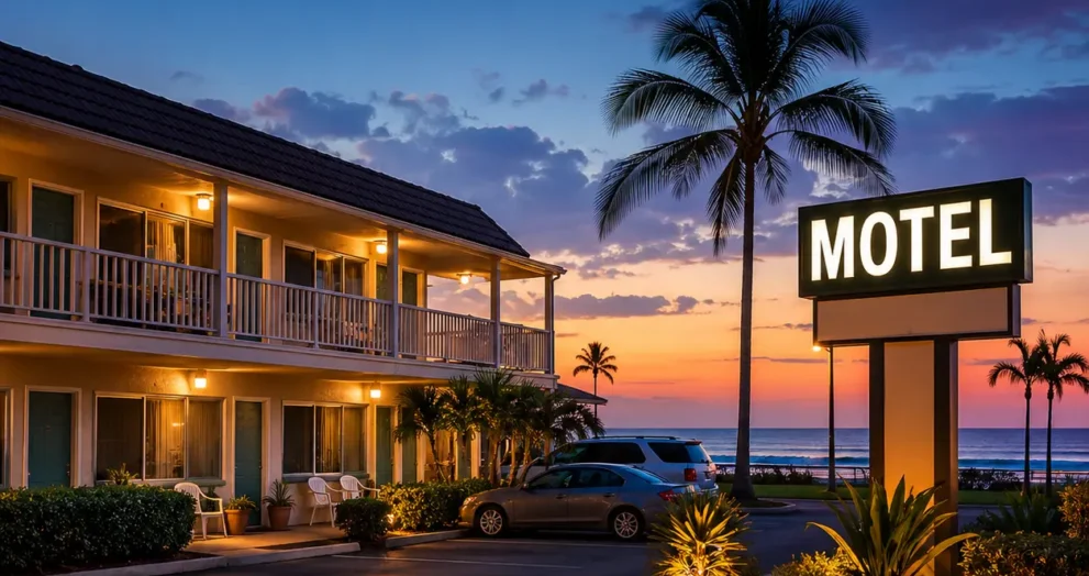Quiet couple friendly motels Cocoa near the coast featuring peaceful accommodations, ocean views, palm trees, and relaxing coastal nights.