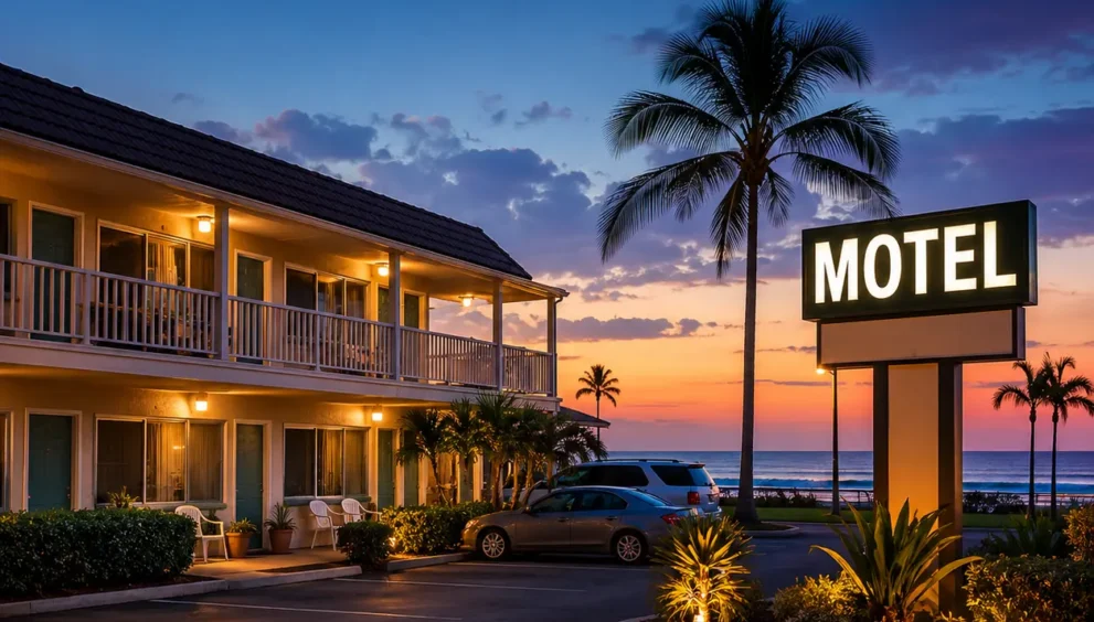 Quiet couple friendly motels Cocoa near the coast featuring peaceful accommodations, ocean views, palm trees, and relaxing coastal nights.