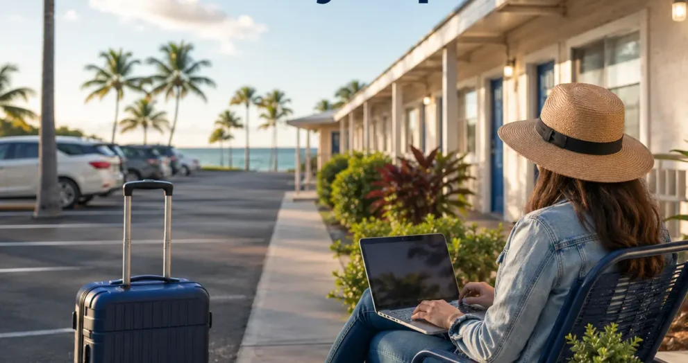Motels Cocoa Florida extended stay traveler organizing a comfortable motel room with workspace, luggage, and daily living essentials for a long-term visit