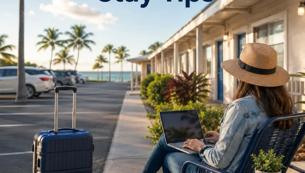 Motels Cocoa Florida extended stay traveler organizing a comfortable motel room with workspace, luggage, and daily living essentials for a long-term visit