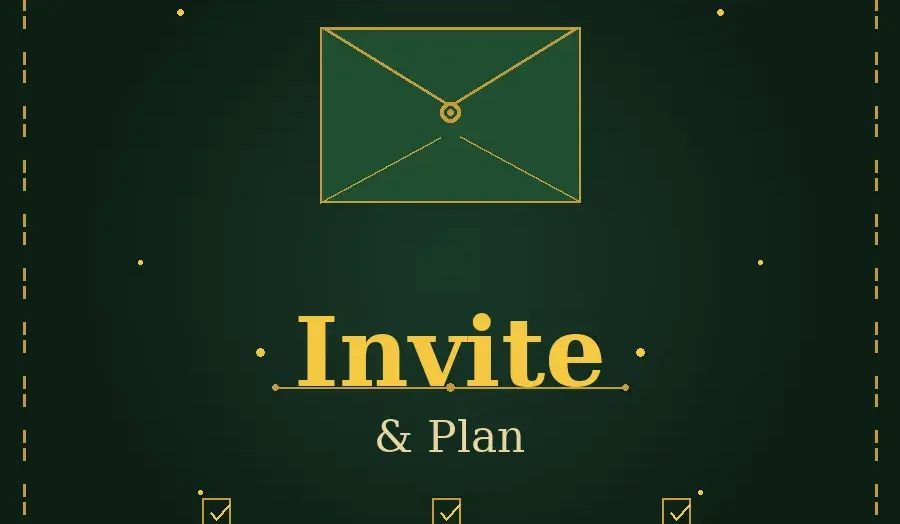 Holiday party invitation design featuring an envelope icon, holly leaves, and gold decorative border with the words Invite and Plan representing holiday party invitation ideas and guest management tips.