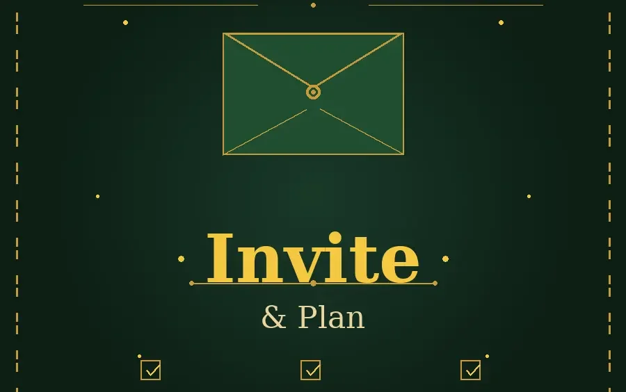 Holiday party invitation design featuring an envelope icon, holly leaves, and gold decorative border with the words Invite and Plan representing holiday party invitation ideas and guest management tips.