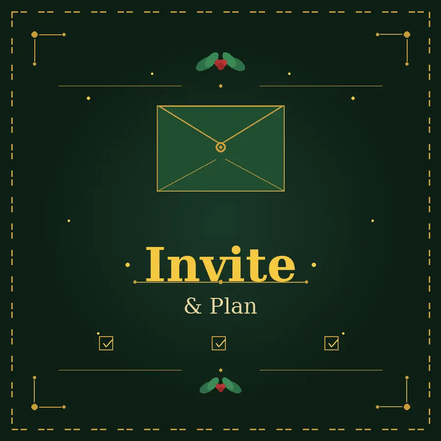 Holiday party invitation design featuring an envelope icon, holly leaves, and gold decorative border with the words Invite and Plan representing holiday party invitation ideas and guest management tips.