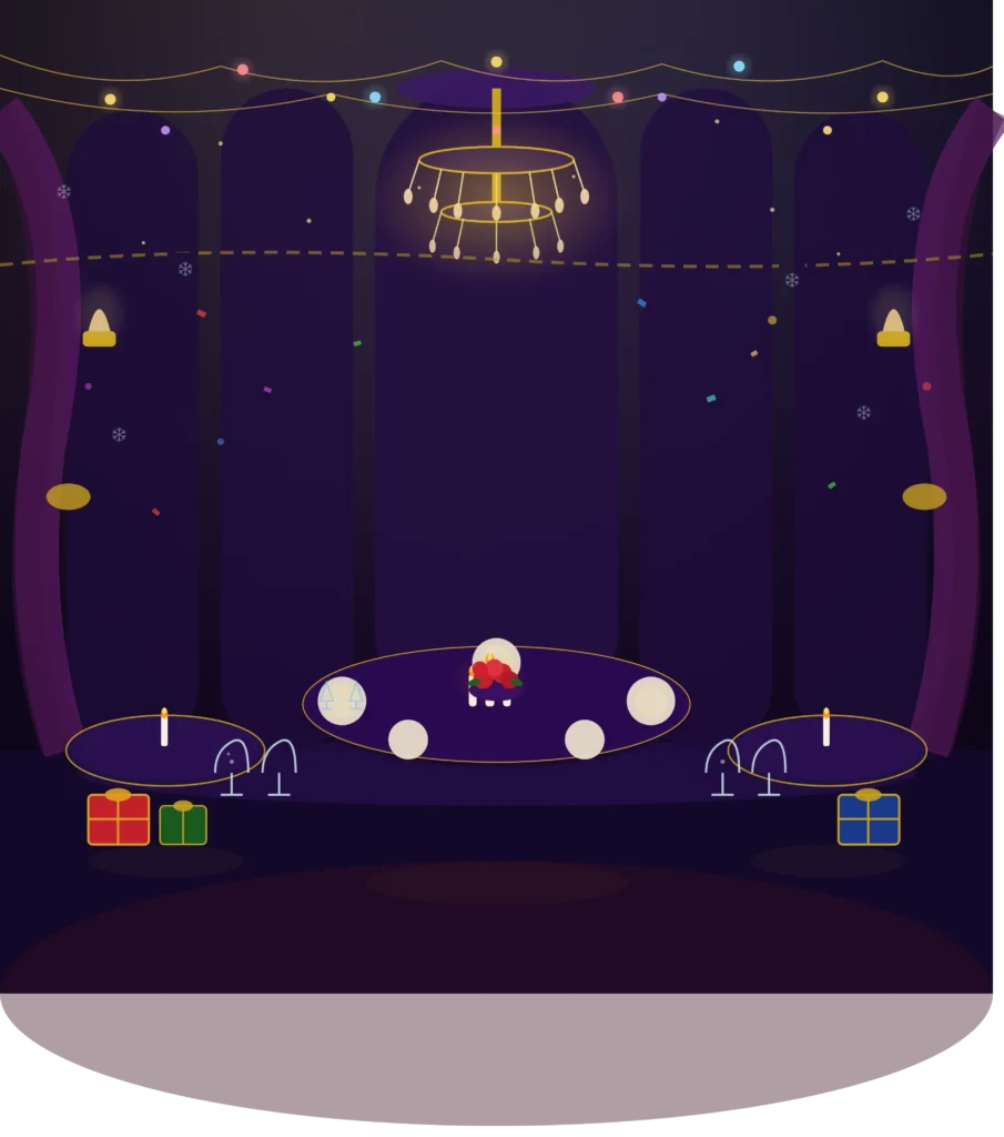 A festive holiday party venue with a sparkling chandelier, colorful string lights, draped curtains, elegantly set dining tables with candles and flowers, gift boxes, and warm celebratory lighting