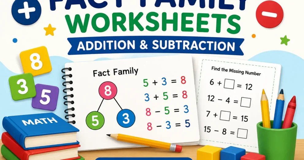 Addition and Subtraction Worksheet Fact Family Practice