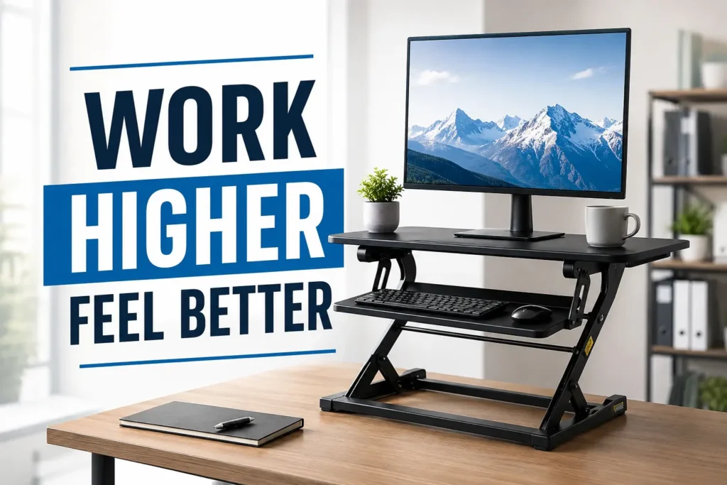 What is a riser desk shown as a modern standing desk converter with an ergonomic dual-tier workstation for a healthier home office.