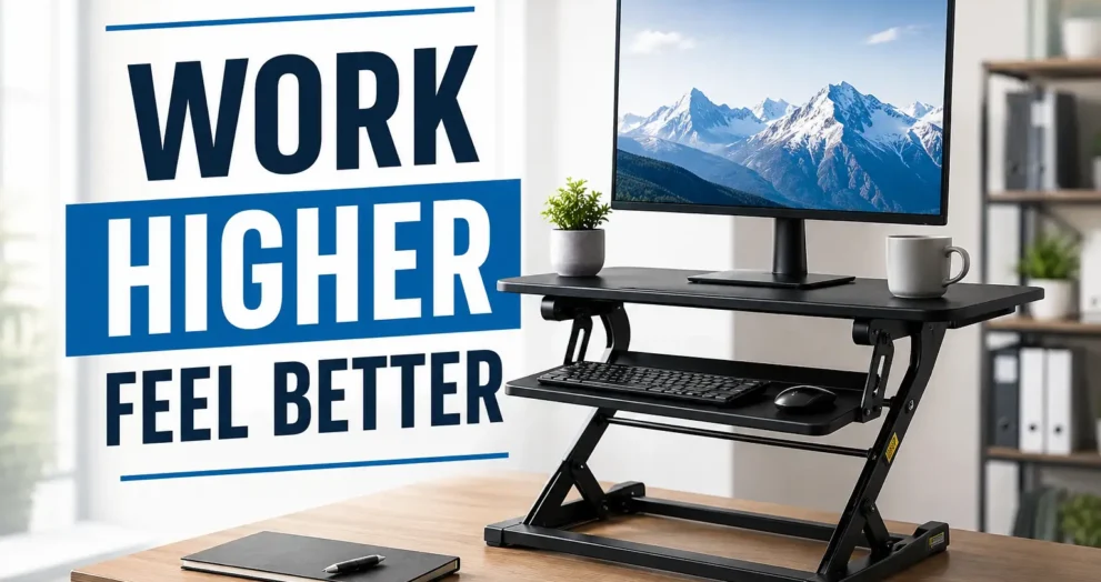 What is a riser desk shown as a modern standing desk converter with an ergonomic dual-tier workstation for a healthier home office.