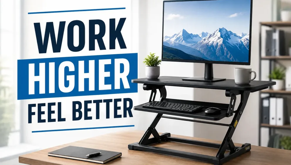 What is a riser desk shown as a modern standing desk converter with an ergonomic dual-tier workstation for a healthier home office.