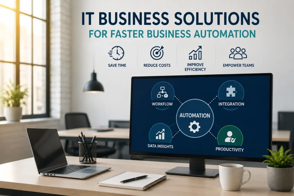 IT business solutions for faster business automation showing workflow automation, cloud integration, AI-powered processes, productivity improvement, and digital business transformation.