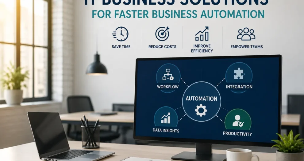 IT business solutions for faster business automation showing workflow automation, cloud integration, AI-powered processes, productivity improvement, and digital business transformation.
