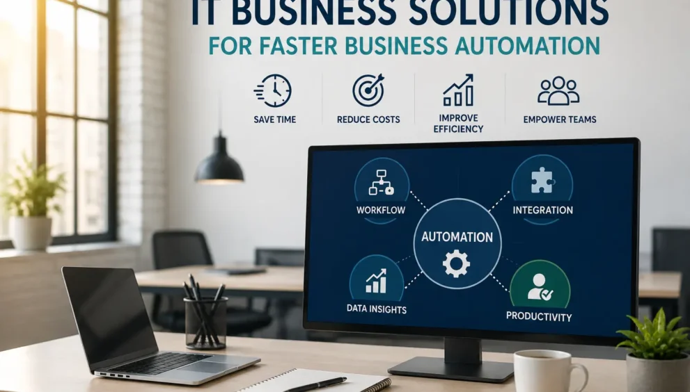 IT business solutions for faster business automation showing workflow automation, cloud integration, AI-powered processes, productivity improvement, and digital business transformation.