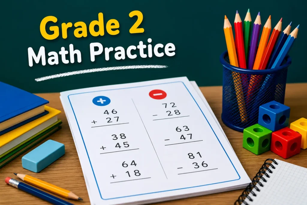Grade 2 addition and subtraction worksheets with printable double-digit math problems, classroom supplies, and colorful learning materials for elementary students.