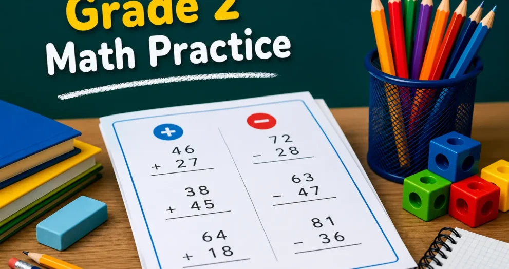 Grade 2 addition and subtraction worksheets with printable double-digit math problems, classroom supplies, and colorful learning materials for elementary students.