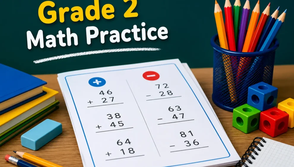 Grade 2 addition and subtraction worksheets with printable double-digit math problems, classroom supplies, and colorful learning materials for elementary students.