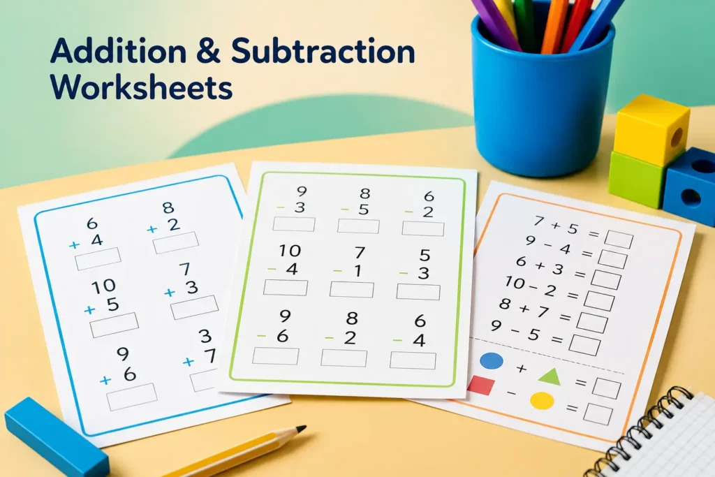 Addition and subtraction worksheet featuring printable math practice pages with colorful learning tools, pencils, and educational classroom supplies for elementary students.