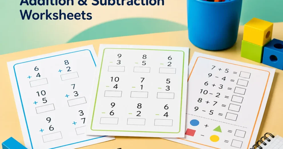 Addition and subtraction worksheet featuring printable math practice pages with colorful learning tools, pencils, and educational classroom supplies for elementary students.