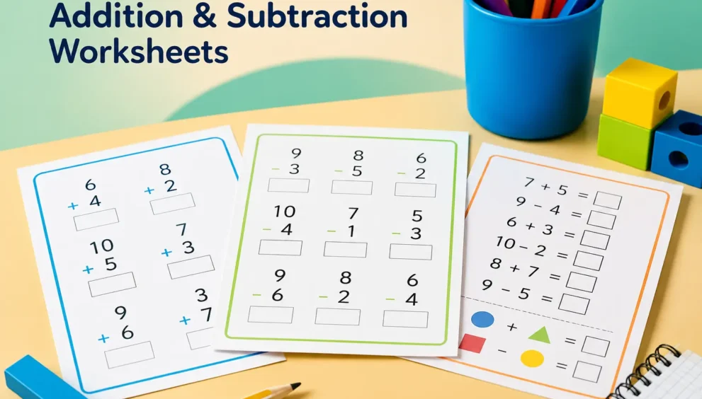 Addition and subtraction worksheet featuring printable math practice pages with colorful learning tools, pencils, and educational classroom supplies for elementary students.