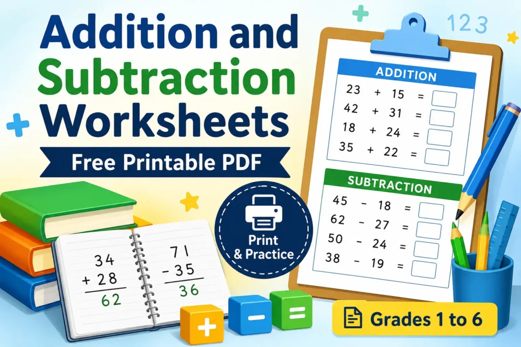 Free Printable Addition and Subtraction Worksheets PDF for Grades 1 to 6 with printable math practice sheets