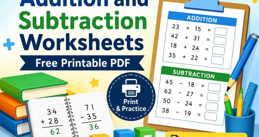 Free Printable Addition and Subtraction Worksheets PDF for Grades 1 to 6 with printable math practice sheets