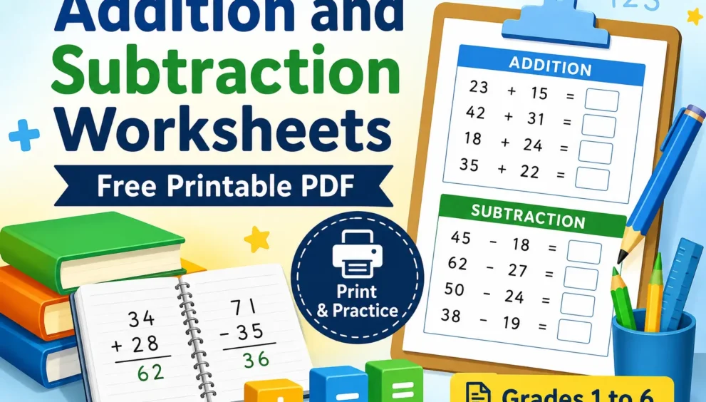 Free Printable Addition and Subtraction Worksheets PDF for Grades 1 to 6 with printable math practice sheets