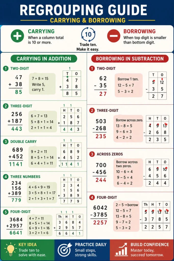 Addition and subtraction worksheet showing carrying and borrowing regrouping examples for grades 1–5