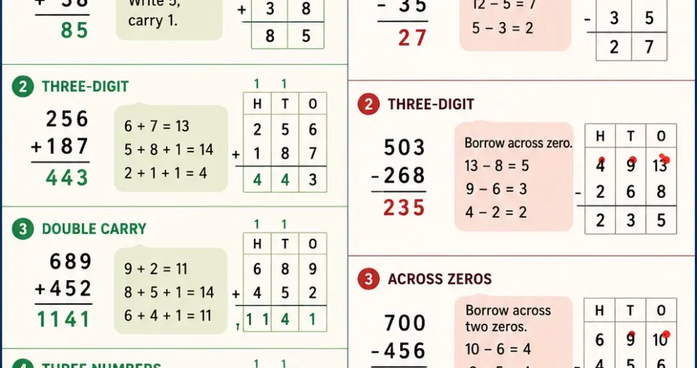 Addition and subtraction worksheet showing carrying and borrowing regrouping examples for grades 1–5