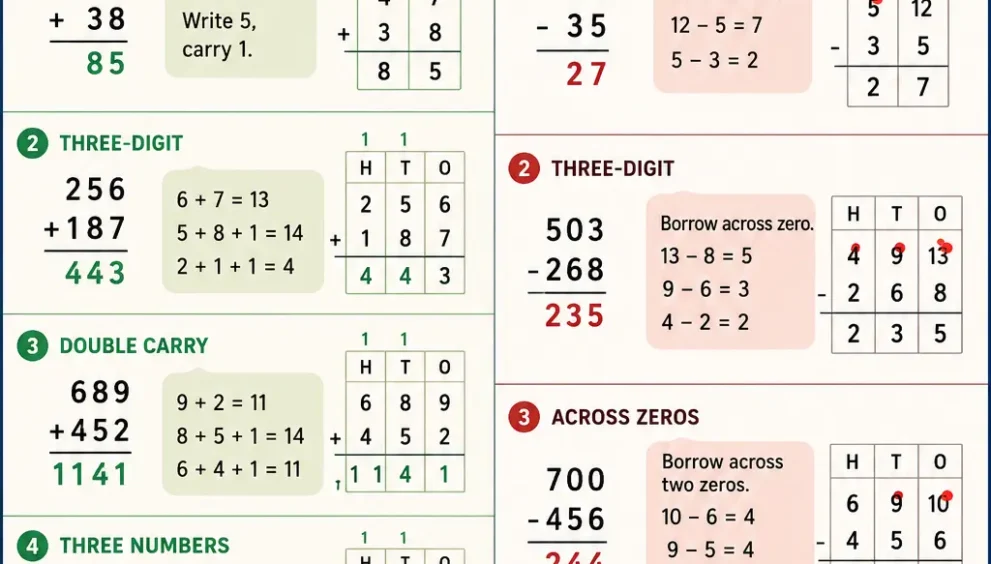 Addition and subtraction worksheet showing carrying and borrowing regrouping examples for grades 1–5