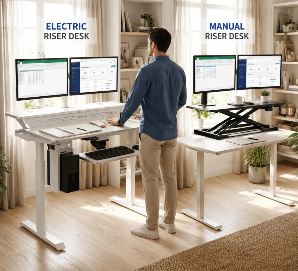 Electric vs manual riser desk comparison in a home office setup