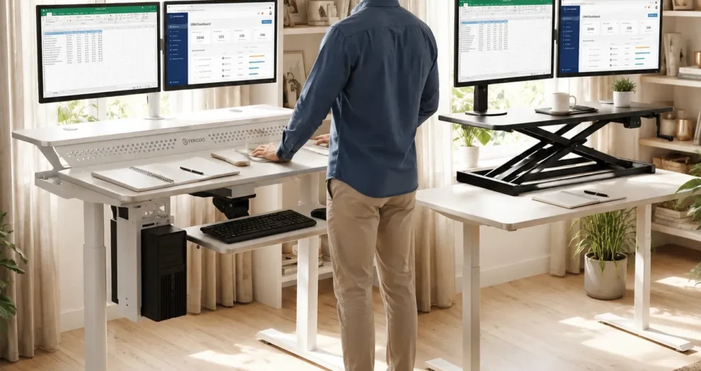 Electric vs manual riser desk comparison in a home office setup