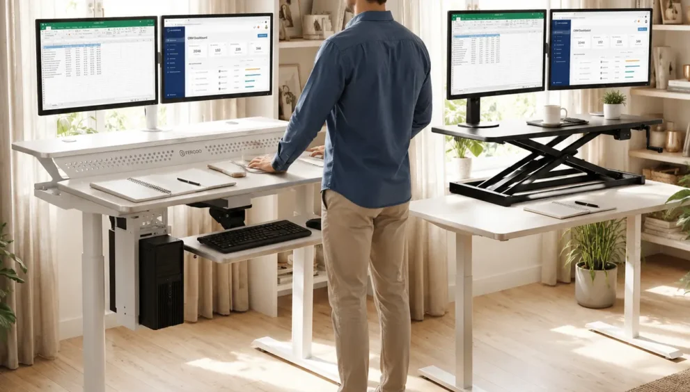 Electric vs manual riser desk comparison in a home office setup