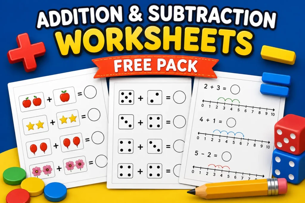Kindergarten Addition and Subtraction Worksheet Free Pack