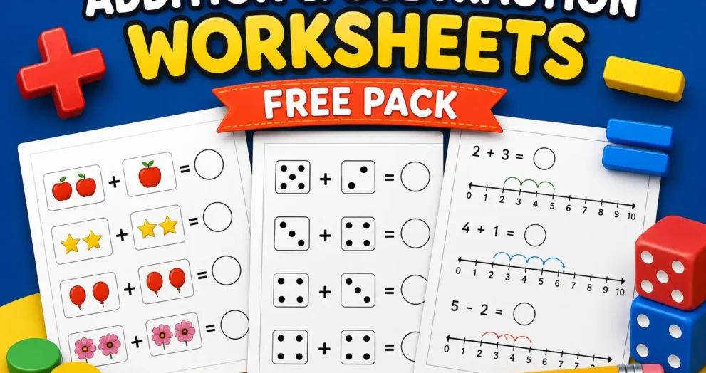 Kindergarten Addition and Subtraction Worksheet Free Pack