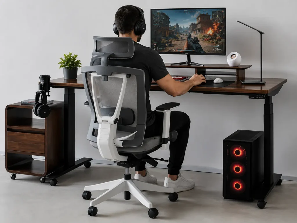Riser desk for gaming setups with ergonomic chair, gamer playing on monitor, and green -desk plant