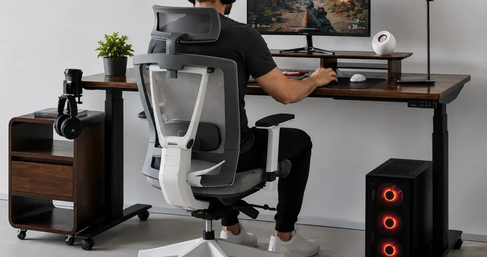 Riser desk for gaming setups with ergonomic chair, gamer playing on monitor, and green -desk plant