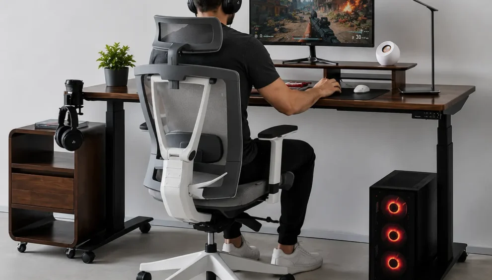 Riser desk for gaming setups with ergonomic chair, gamer playing on monitor, and green -desk plant