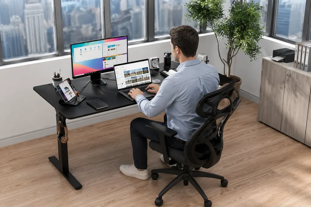 Single-tier vs dual-tier riser desk comparison showing separate monitor and keyboard height levels for ergonomic desk setup