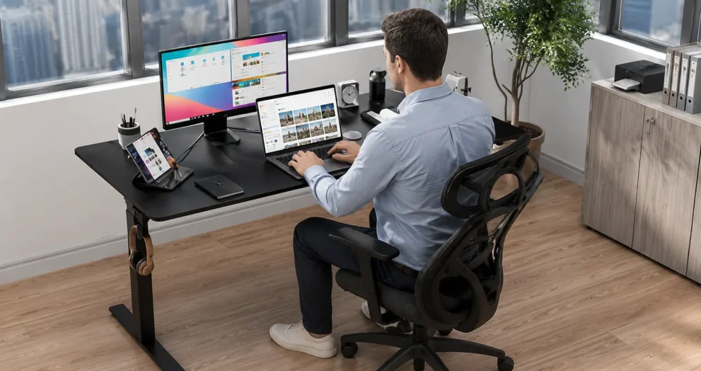 Single-tier vs dual-tier riser desk comparison showing separate monitor and keyboard height levels for ergonomic desk setup