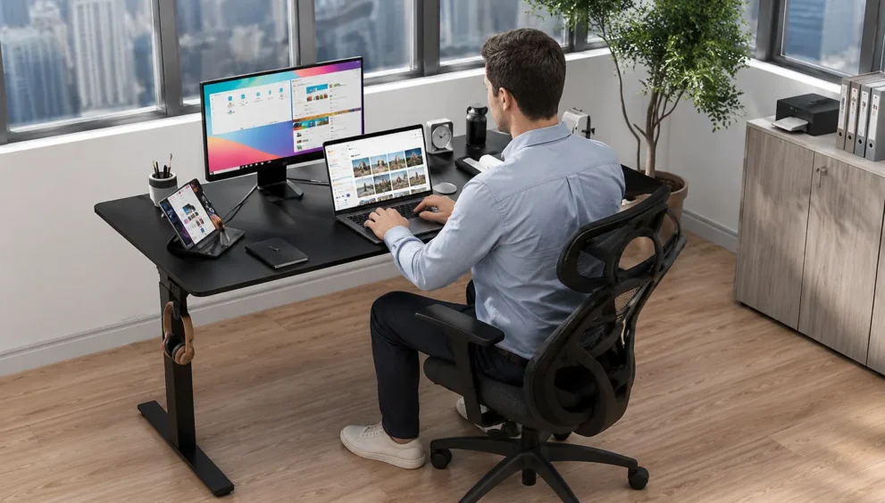 Single-tier vs dual-tier riser desk comparison showing separate monitor and keyboard height levels for ergonomic desk setup