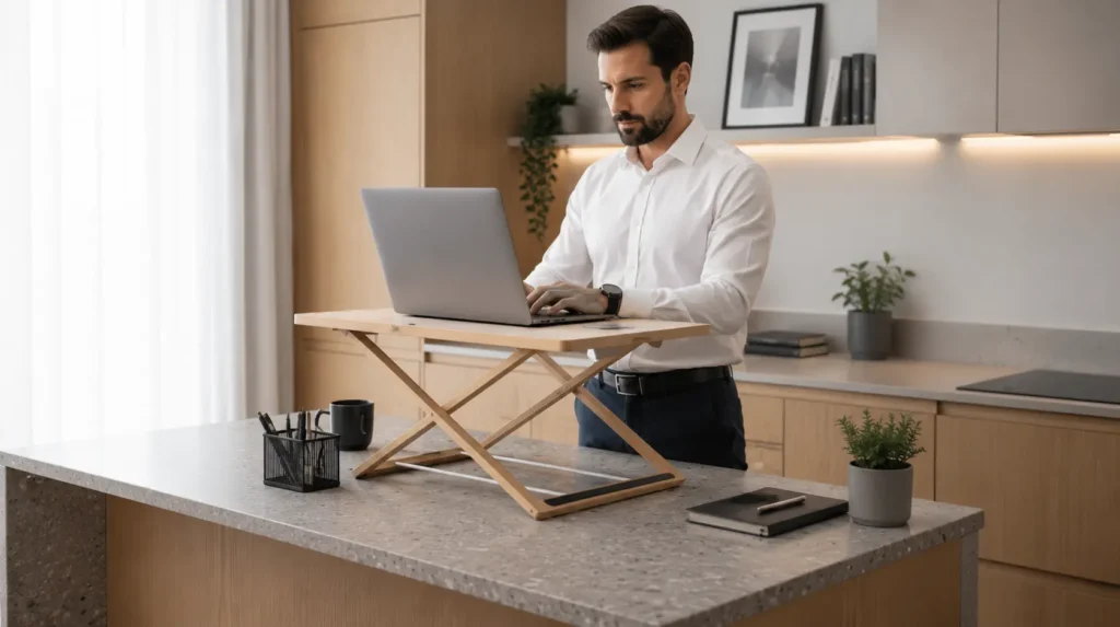 What is a riser desk explained on a modern minimalist wooden desk